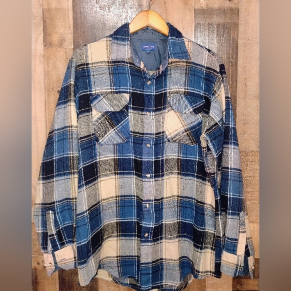 Sparetime Men's Flannel Blue Tan Plaid Button Down Shirt Large